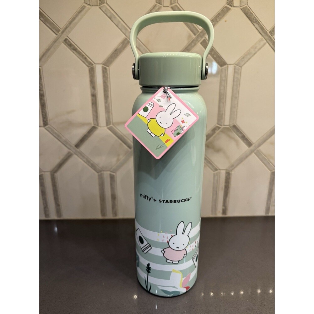 Starbucks Miffy Metal Water Bottle Sage Striped 27 oz Handle Thermos NEW LTD ED